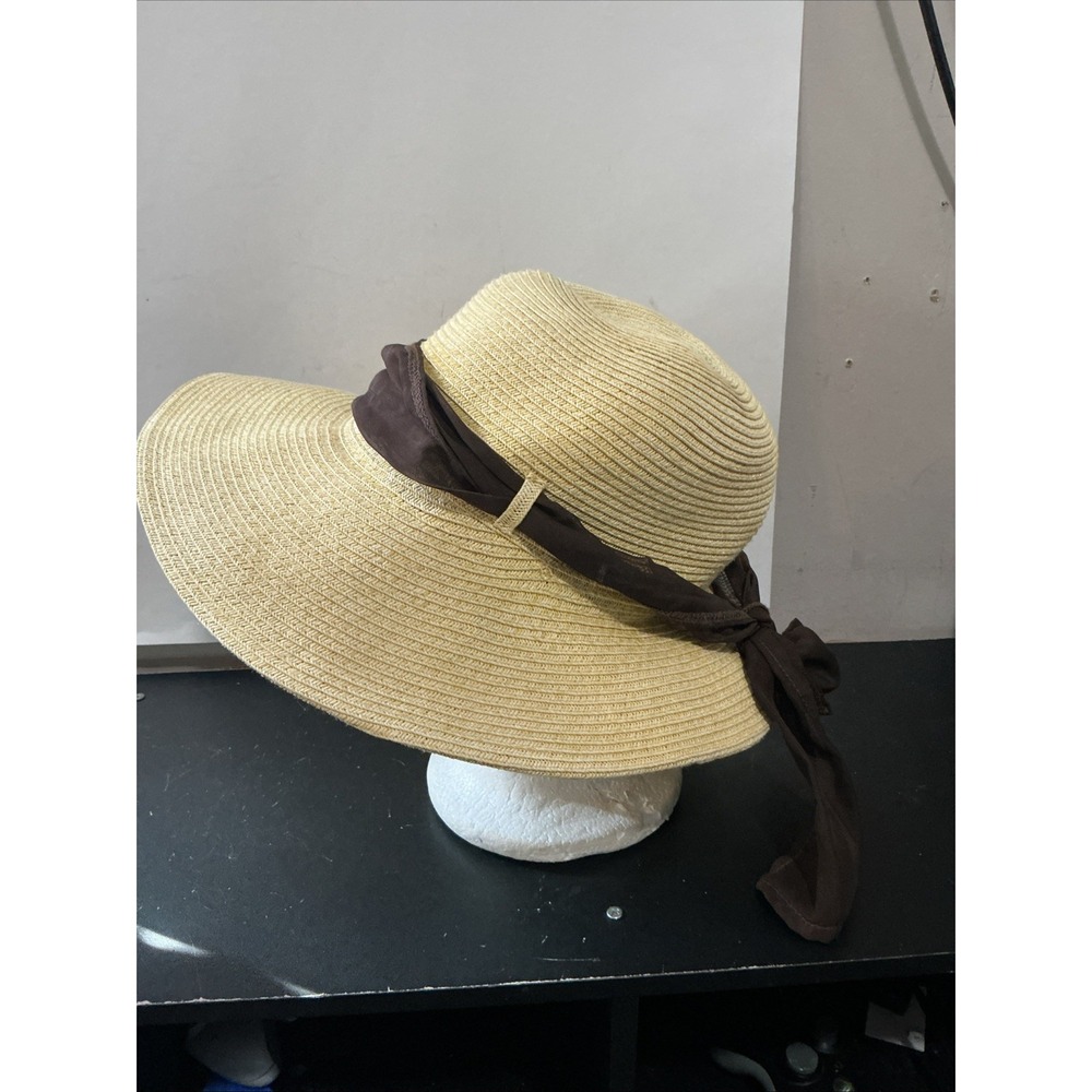 Coolibar Womens Packable Straw Sun Hat Brown Ribbon Bow Wide Brim Beige One Size